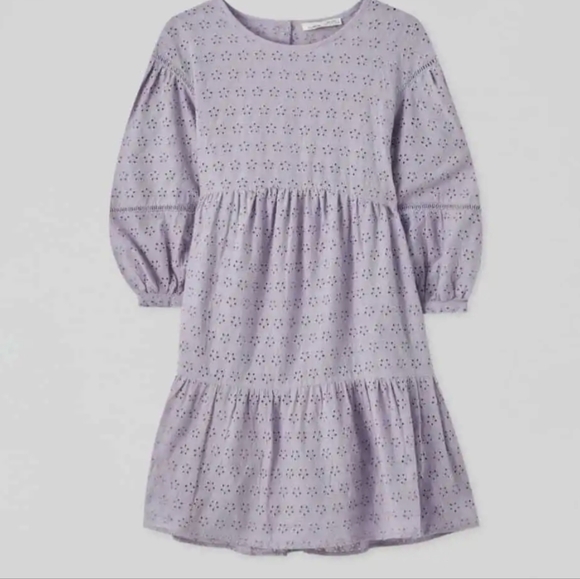 ASOS Pull & Bear Purple Eyelet Floral Puff Sleeve Tiered Dress - Picture 2 of 4